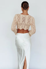 Maycie Long Sleeve Crochet Crop Top Beige