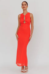 Piece Of Heaven Sleeveless Keyhole Mesh Maxi Dress Red