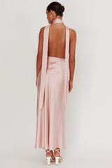 Italia Azure Halterneck Rosette Maxi Dress Blush