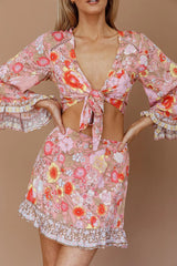Island Girl Long Sleeve Tied Crop Top Floral Pink