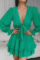 Anthea Bow-Tie Front Layered Frill Dress Green