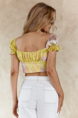 Chasing Waterfalls Double Tie Puff Sleeve Satin Crop Top Pink/Yellow
