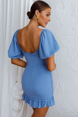 Aperol Spritz Shirred Bodice Puff Sleeve Mini Dress Blue