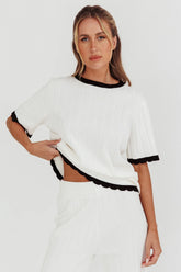 Liloh Contrast Trim Ribbed Knit Top White