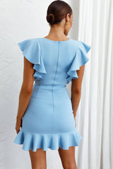 Cupid's Bow Ruffle Shoulder Bodycon Dress Baby Blue