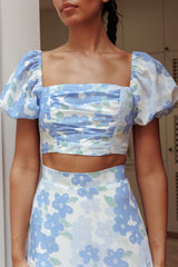 The Moment Puff Sleeve Crop Top Floral Blue