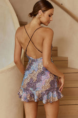 Take Note Cami Strap Criss-Cross Back Mini Dress Sequin Rose/Lilac