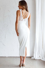 Charice Mesh Bodice Overlay Midi Dress White