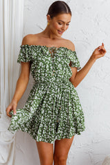 Andie Off-Shoulder Frill Dress Floral Green