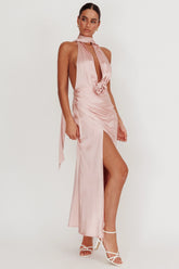 Italia Azure Halterneck Rosette Maxi Dress Blush