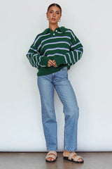 Boston Collared Knit Sweater Striped Forest Green