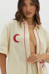 On Vacay Button-Up Shirt Embroidered Beige