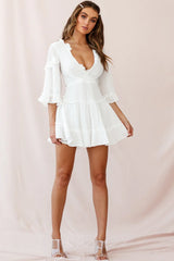Albany Lace Up Back Frill Dress Puckered Fabric White