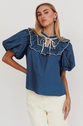 Remarkable Puff Sleeve Tied Neck Top Teal