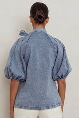 Notice Me Puff Sleeve Neck Bow Top Denim Blue