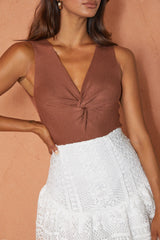 Next To You Sleeveless Twist Bust Knit Bodysuit Chocolate