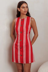 Kalena Faux Placket Mini Dress Stripe Red