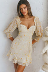 Desiree Sweetheart Neckline Shirred Cuff Frill Dress Floral Print Yellow