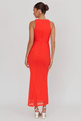 Piece Of Heaven Sleeveless Keyhole Mesh Maxi Dress Red