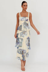 Provence Bloom Tiered Ruffle Maxi Dress Beige/Blue