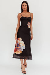 Nerida Gathered Bust Maxi Dress Flowers Black