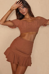 Rise And Shine Shirred Bodice Tied Back Crop Top Latte