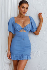 Aperol Spritz Shirred Bodice Puff Sleeve Mini Dress Blue