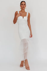 Nadia Tulle Hem Ruched Maxi Dress White