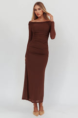 In Blooms Off Shoulder Mesh Maxi Dress Chocolate