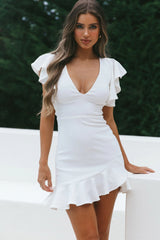 Cupid's Bow V-Neckline Ruffle Shoulder Bodycon Dress White
