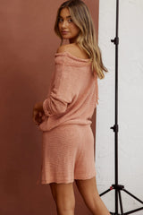 Amris Off-Shoulder Long Sleeve Knit Romper Rose