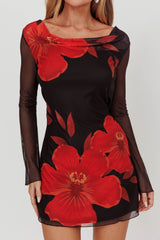 Isabella Long Sleeve Backless Mini Dress Hibiscus Black