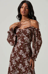 Off Shoulder Long Sleeve Cinched Bust Midi Dress