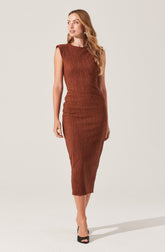 Plisse Straight Neck Midi Dress