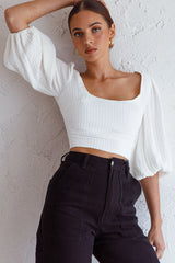 Love Like This Balloon Sleeve Open Back Crop Top Textured White