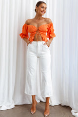 Josephina Off-Shoulder Lace-Up Front Crop Top Neon Orange