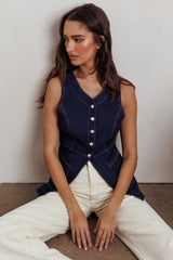 Philomena Button Front Pocket Vest Top Denim