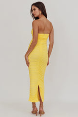 Midwest Strapless Gathered Mesh Maxi Dress Lemon