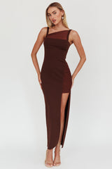 Zenya Split Ruched Maxi Dress Chocolate