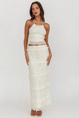 Helios Halterneck Shirred Sequin Top Beige