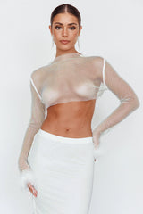 Slay All Day Feather Cuff Crop Top White