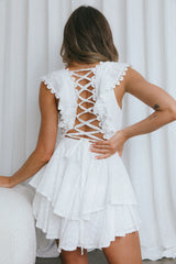 Charade Ruffle Shoulder Corset Back Eyelet Dress White