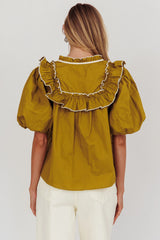 Remarkable Puff Sleeve Tied Neck Top Olive