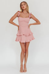 Moonlit Moment Ruffle Trim Piping Detail Lace-Up Back Dress Dusty Rose