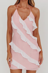 Arrabel Halterneck Contrast Ruffle Mini Dress Pink