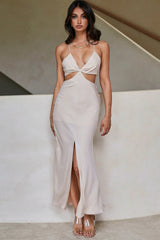 All That Glitters Front Split Tied Back Maxi Dress Beige