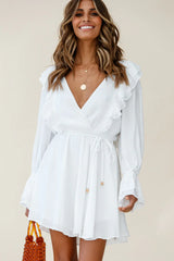 Adina Fluted Long Sleeve Frill Detail Dress White