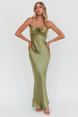 High Roller Cowl Back Rosette Maxi Dress Olive