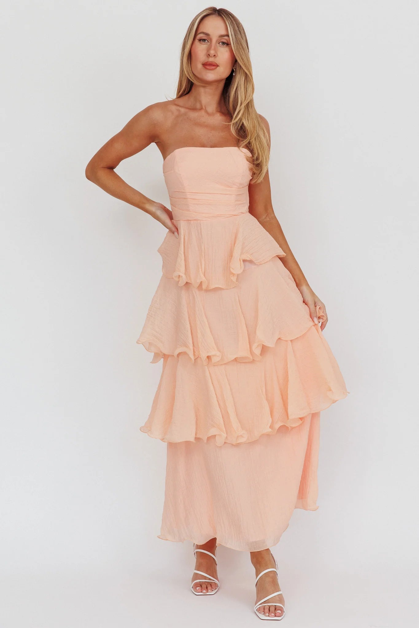 Giavana Strapless Layered Ruffles Midi Dress Blush