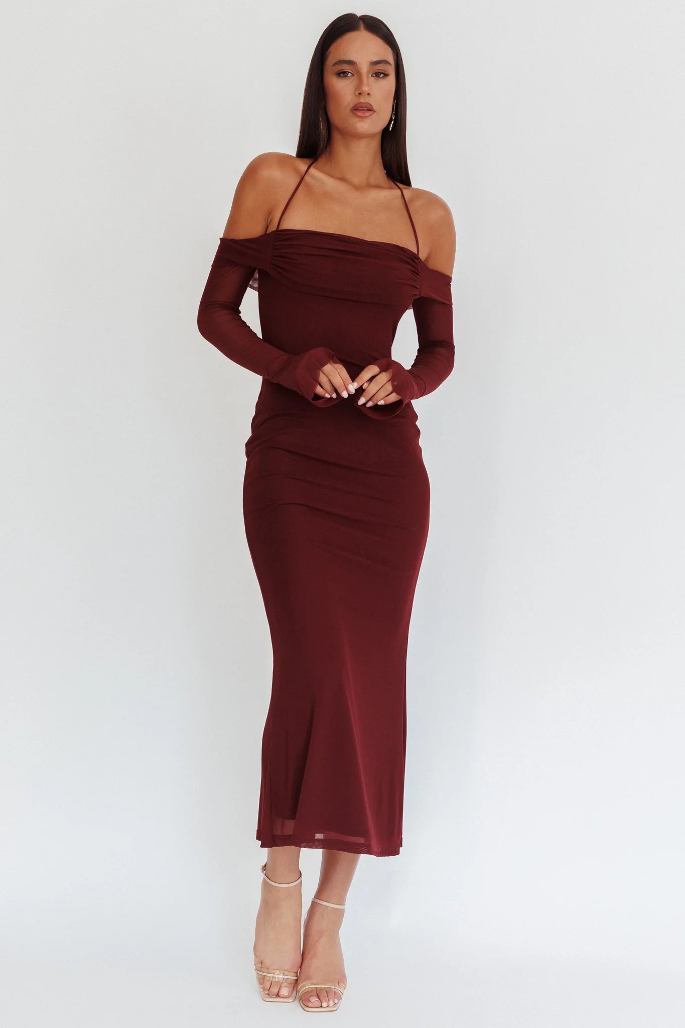 Numbers Game Off-Shoulder Halter Maxi Dress Chocolate
